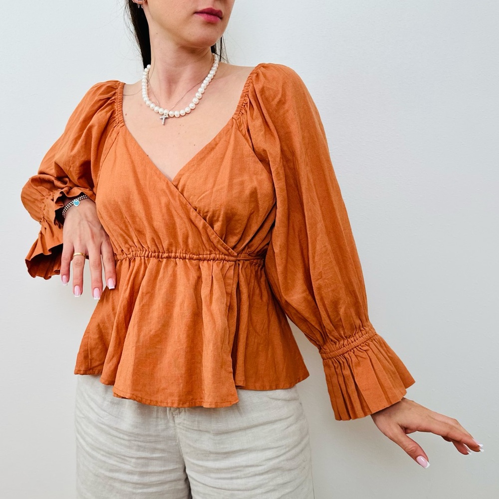 Free People 3/4 Sleeve Wrap Peplum Blouse Top Cinnamon Color